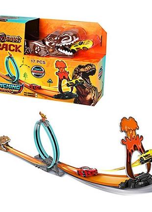 Детский автотрек hot wheels динозавр 17 деталей с машинкой петлей трамплином в подарочной упаковке