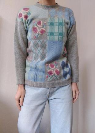 Шерстяной свитер с вышивкой джемпер ангора пуловер реглан лонгслив кофта шерсть винтажный свитер ангора джемпер винтаж1 фото