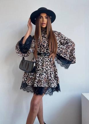 Красивое платье в леопардовый принт с кружевом с поясом 🔥2 фото