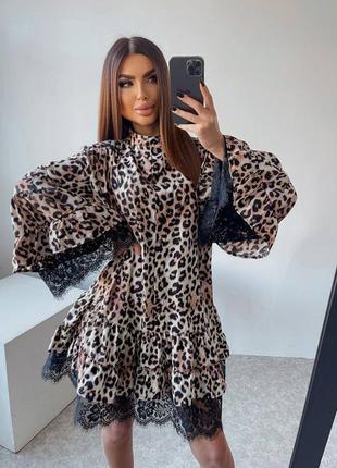 Красивое платье в леопардовый принт с кружевом с поясом 🔥3 фото