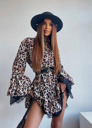 Красивое платье в леопардовый принт с кружевом с поясом 🔥9 фото