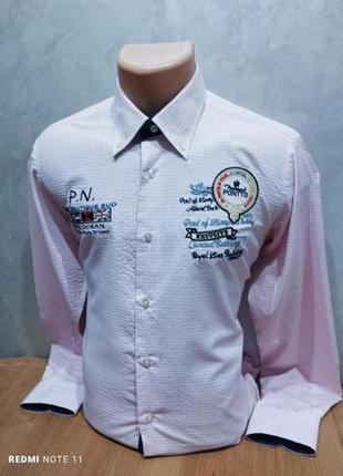 Стильная качественная хлопковая рубашка в клетку pontto, бурво туречневая3 фото