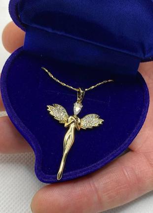 Колье "золотой ангел - хранитель" кулон на цепочке ювелирный сплав и цирконы - оригинальный подарок девушке7 фото