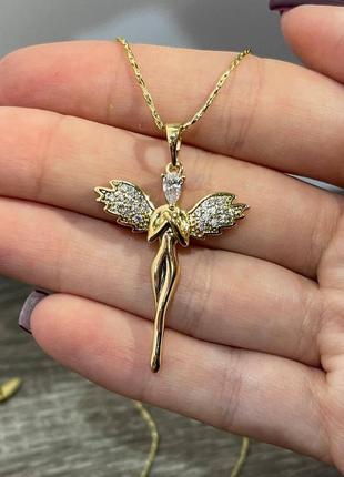 Кольє "золотий янгол - охоронець" кулон на ланцюжку ювелірний сплав та циркони - оригінальний подарунок дівчині