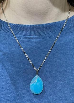 Натуральний камінь блакитний агат кулон у формі краплі на ланцюжку - оригінальний подарунок хлопцю дівчині3 фото