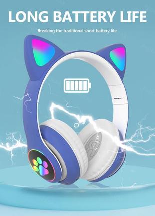 Беспроводные наушники с кошачьими светящимися ушками cat stn-28 синие детские led складные fm радио