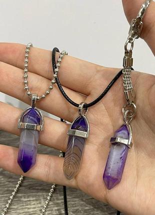 Натуральный камень фиолетовый агат с прожилками кулон кристалл шестигранник на шнурке - подарок парню девушке4 фото