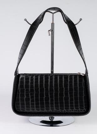 Женская сумка черная сумка багет черная сумочка на плечо сумка крокодил