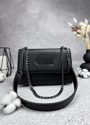 Кожаная женская сумка guess черная женская сумочка на цепочке через плечо в подарочной упаковке