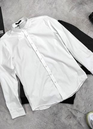 Белая мужская рубашка modern casual воротничок - стойка4 фото