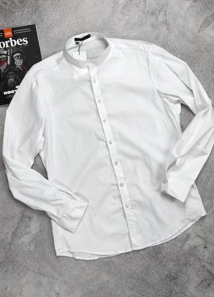 Белая мужская рубашка modern casual воротничок - стойка1 фото