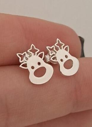 Сережки гвоздики срібні новорічні олені без каменів8 фото