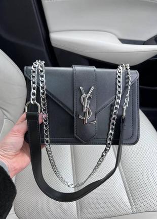 Женская кожаная сумка yves saint laurent черная сумочка на цепочке ysl silver в подарочной упаковке8 фото
