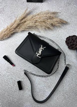 Женская кожаная сумка yves saint laurent черная сумочка на цепочке ysl silver в подарочной упаковке4 фото