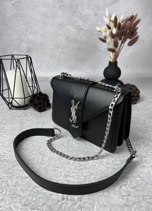 Женская кожаная сумка yves saint laurent черная сумочка на цепочке ysl silver в подарочной упаковке2 фото