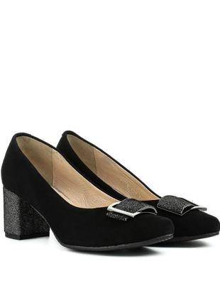 Туфли женские замшевые черные осенние на толстом каблуке 1121тп
