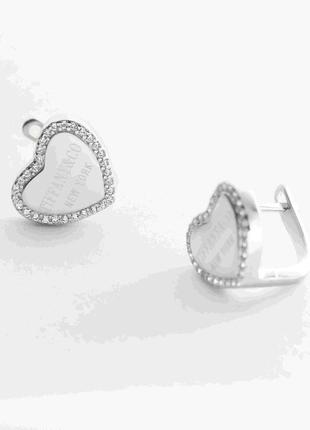 Серебряные серьги сердца на английской застежке с фианитами