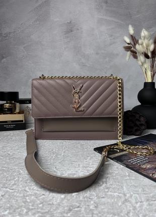 Женская кожаная сумка yves saint laurent светло-коричневая сумочка на цепочке ysl в подарочной упаковке