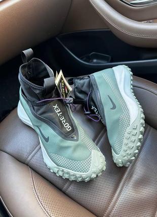 Отличные мужские непромокаемые кроссовки nike acg mountain fly gtx clay green зелёные с чёрным