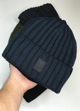 Чоловіча трикотажна шапка puma на флісі темно-синя зимова тепла шапка біні пума акрил 100% 54-60 розмір шкіряний логотип1 фото
