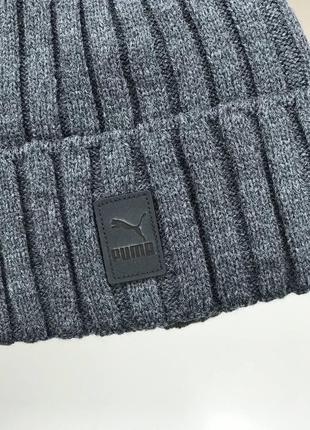 Чоловіча трикотажна шапка puma на флісі темно-синя зимова тепла шапка біні пума акрил 100% 54-60 розмір шкіряний логотип5 фото