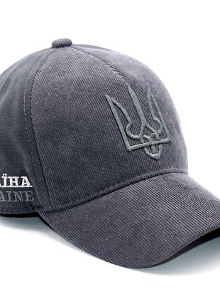 Чоловіча зимова кепка бейсболка однотонна утеплена з вушками та флісовою підкладкою вишивка герб сірий