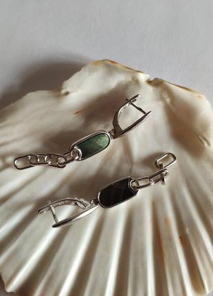 Серебряные сережки подвески с натуральным перламутром гладкие длинные висячие серьги из серебра с цепочкой3 фото
