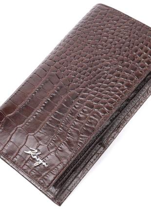 Надежный вертикальный бумажник из натуральной кожи с тиснением под крокодила karya 21140 коричневый
