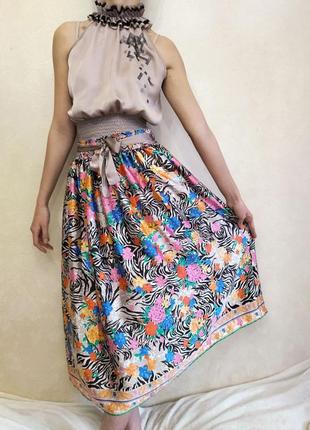Длинная юбка атласная, яркая юбка сатиновая, миди юбка в цветочный принт, юбка на резинке4 фото
