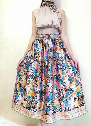 Длинная юбка атласная, яркая юбка сатиновая, миди юбка в цветочный принт, юбка на резинке5 фото
