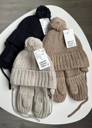 Теплый вязаный комплект: детская теплая шапка варежки на флисе h&m для мальчика для девочки