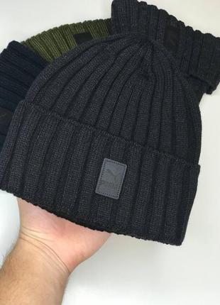 Зимова шапка puma на флісі графіт сіра тепла шапка біні пума акрил 54-62 см рубчик3 фото