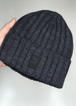 Зимняя шапка puma на флисе графит серая теплая шапка бини пума акрил 54-62 см в рубчик