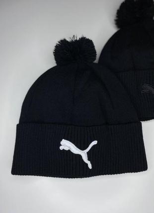 Шапка puma на флисе черная с помпоном зимняя теплая шапка пума вышитый логотип s m l xl унисекс4 фото