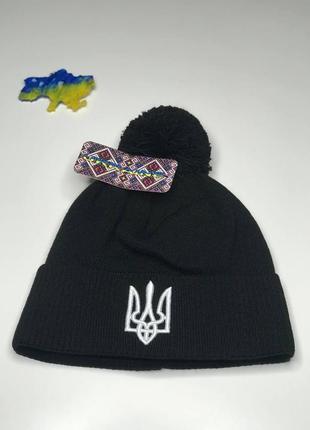 Чоловіча шапка+баф з гербом україни ukraine з помпоном на флісі універсал з підворотом зимовий снуд5 фото