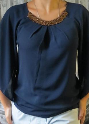 Элегантная синяя блуза украшенная бисером размер 46-482 фото