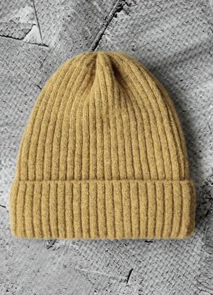 Шапка бини в рубчик шерсть с отворотом, подворотом, вязаная такори лопата женская желтая зимняя зимняя осенняя теплая черная серая бежевая