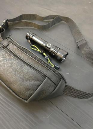Бананка мужская + тактический фонарь police bl-x71-p50, сумка через плечо, сумка кожаная поясная, черная