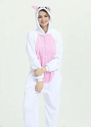 Кигуруми пижама взрослая цельная бело-розовый заяц пижамка плюшевая тепла