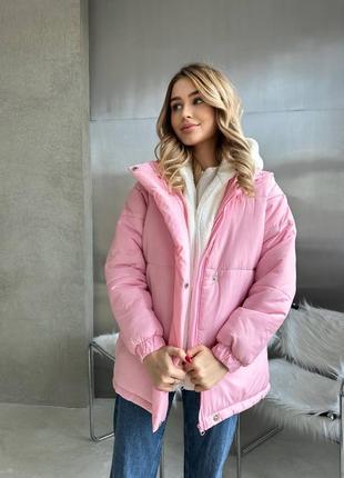 Куртка пуховик жіноча зимова оверсайз тепла з капішоном на блискавці з кишенями якісна стильна трендова молочна рожева6 фото