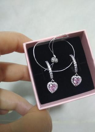 Серебряные серьги с розовым сердцем2 фото