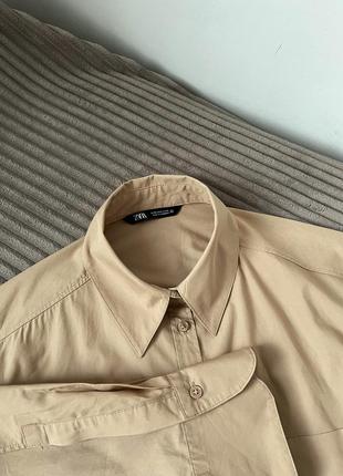 Бежевая рубашка оверсайз хлопковая удлиненная длинная блуза zara7 фото