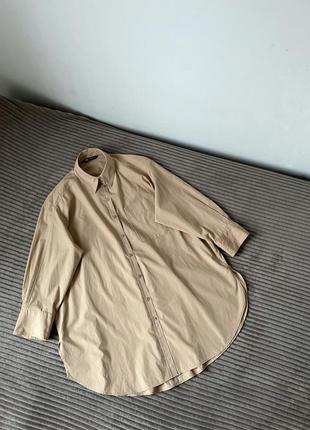 Бежевая рубашка оверсайз хлопковая удлиненная длинная блуза zara8 фото