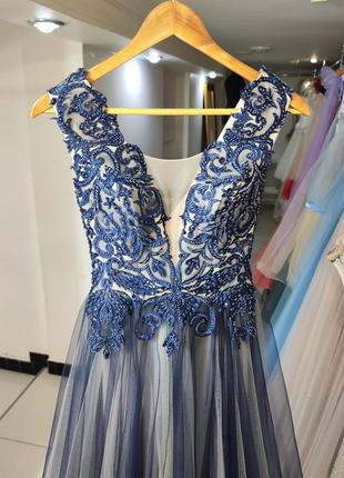 Синее вечернее платье на корсете с разрезом -70% распродаж4 фото