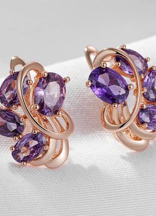 Сережки з фіолетовими кристалами, позолота 24 карат