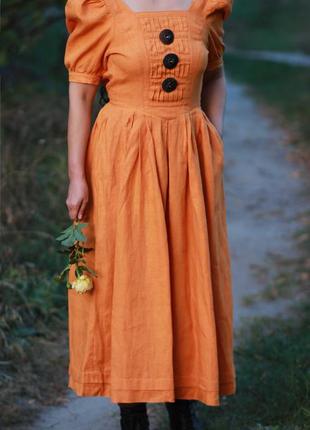 Хорошее оранжевое миди платье (лен)