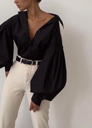 Рубашка черная белая объемные рукава коттон черная белая