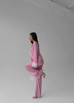 Накладной платеж ❤ сатиновый костюм в пижамном стиле с перьями комплект костюм оверсайз рубашка и штаны палаццо4 фото