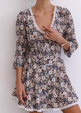 Накладной платеж ❤ шифоновое платье с кружевом на подкладке с пышной юбкой в цветочный принт