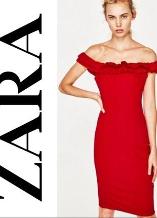 Нарядное красивое красное миди платье с открытой спинкой и рюшами воланами zara